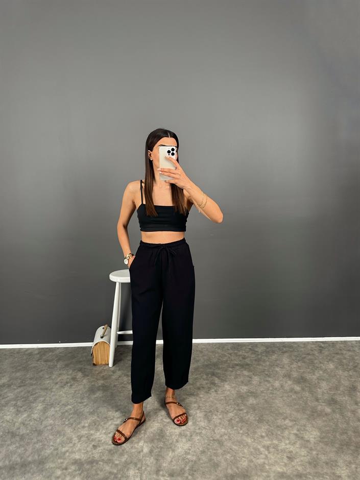 Lonsa Siyah Müslin Kumaş Pantolon