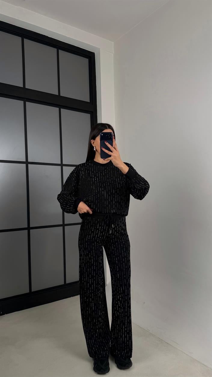 Siyah Kazak Beli Lastikli Pantolon Taş Detaylı Tasarım İkili Modal Takım GAUS-00674