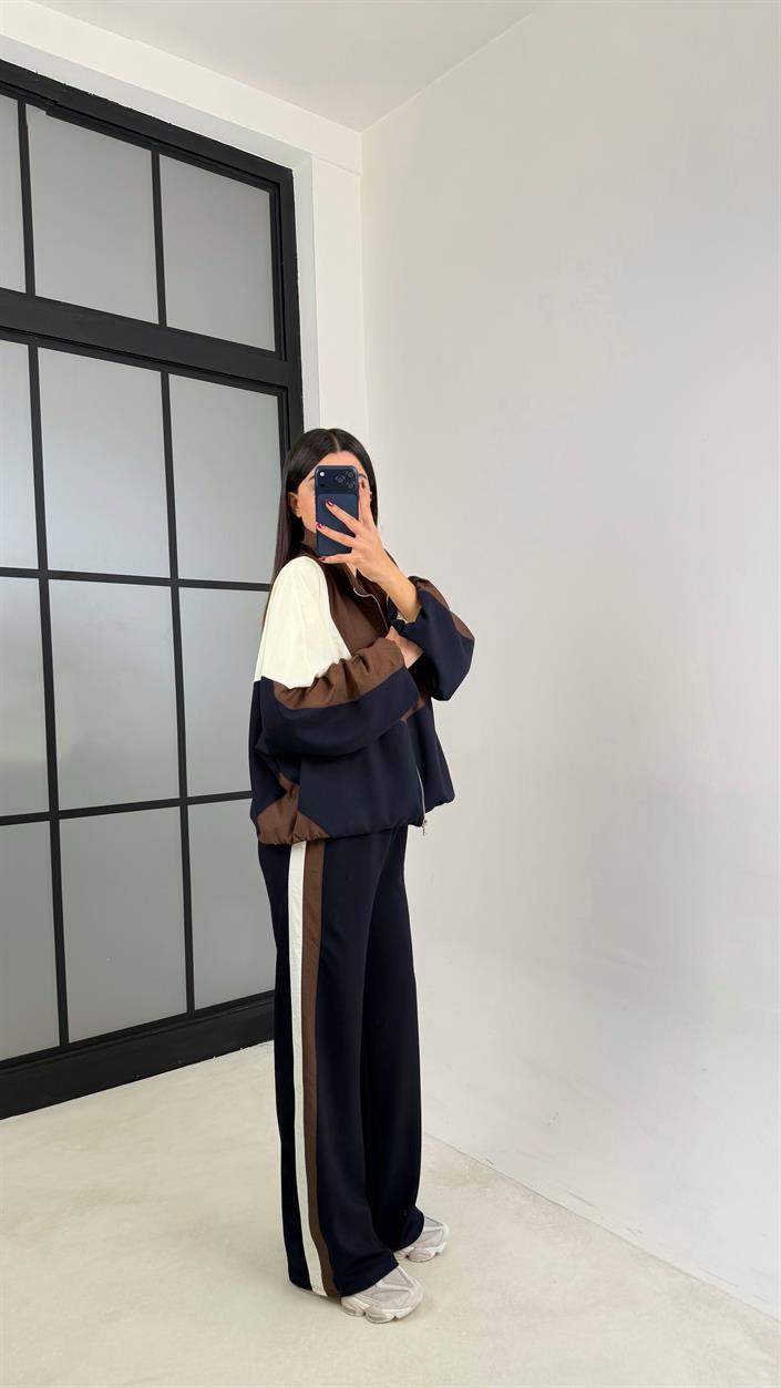 Lacivert Şerit Detaylı Ceket Beli Lastikli Pantolon Paraşüt Modal Kumaş Takım GAUS-00677
