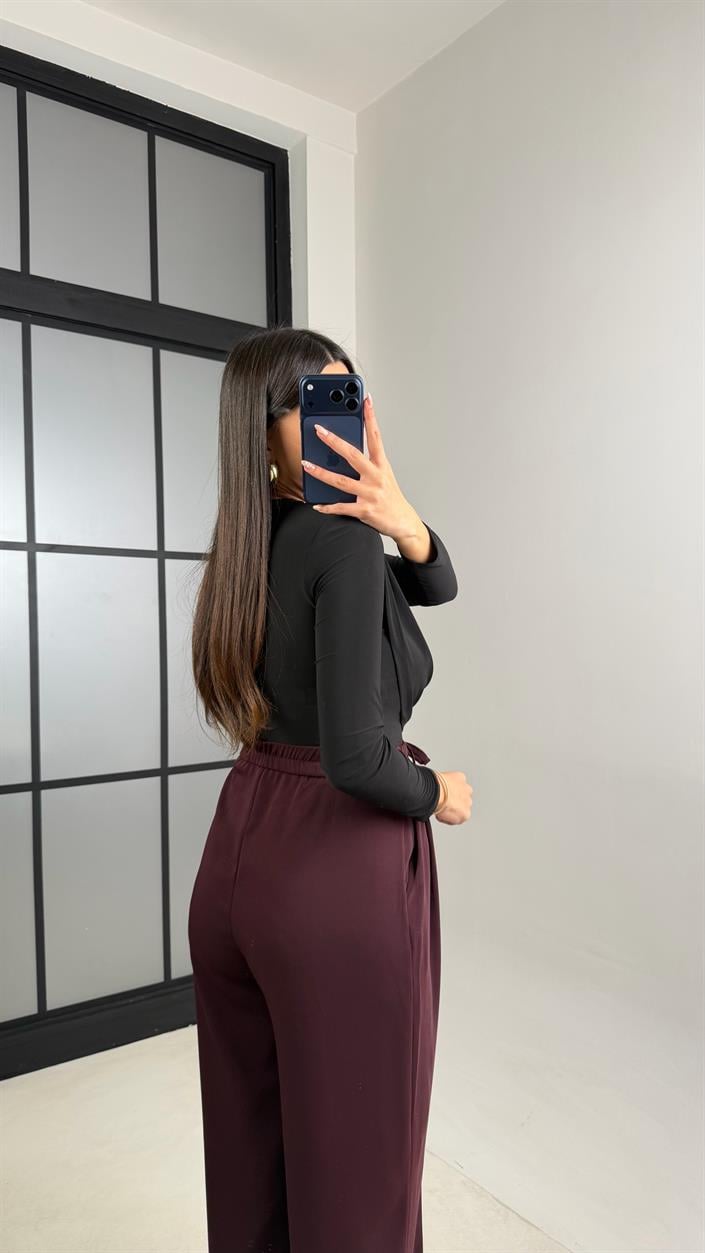 Mürdüm Beli Lastikli Kuşaklı İthal Kumaş Pantolon GAUS-00869