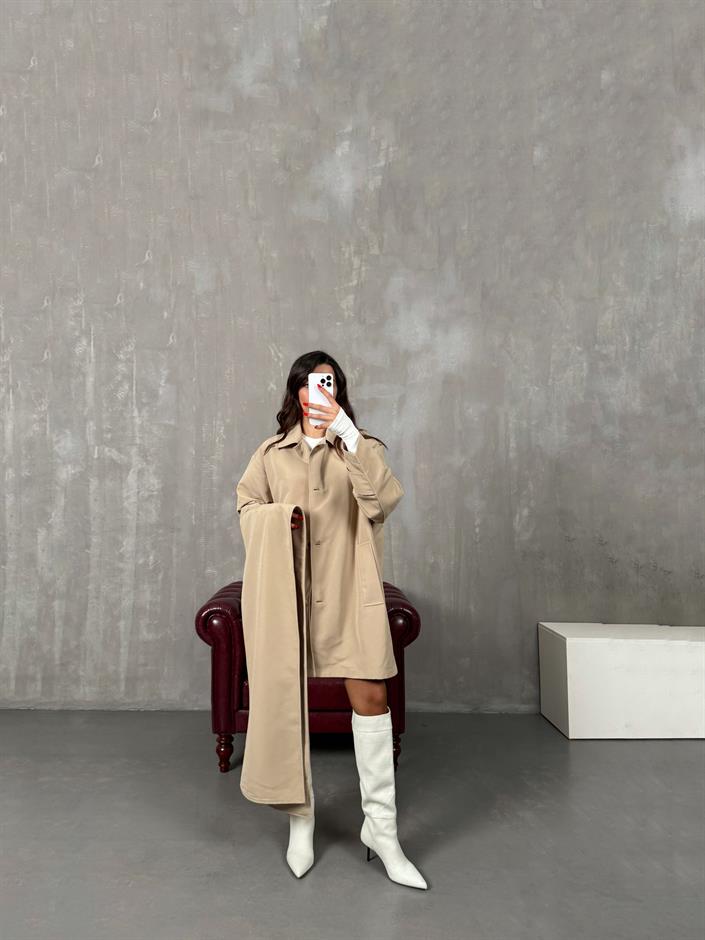 Raven Taş ORJ MD Etiketli Astarlı Atkı Detaylı Trençkot