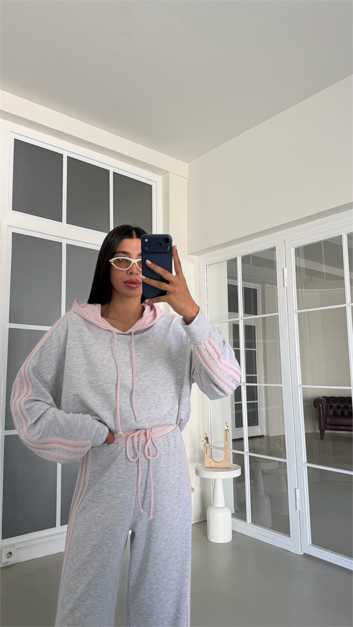 Pembe Kapüşonlu Sweatshirt Beli Lastikli Eşofman Şerit Detaylı Takım GAUS-01995