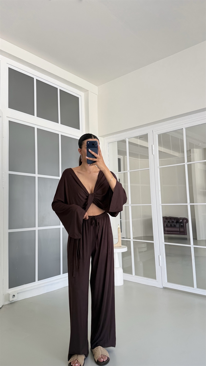 Kahve Bağlama Detaylı Bluz Beli Lastikli Pantolon Likralı Takım GAUS-01732