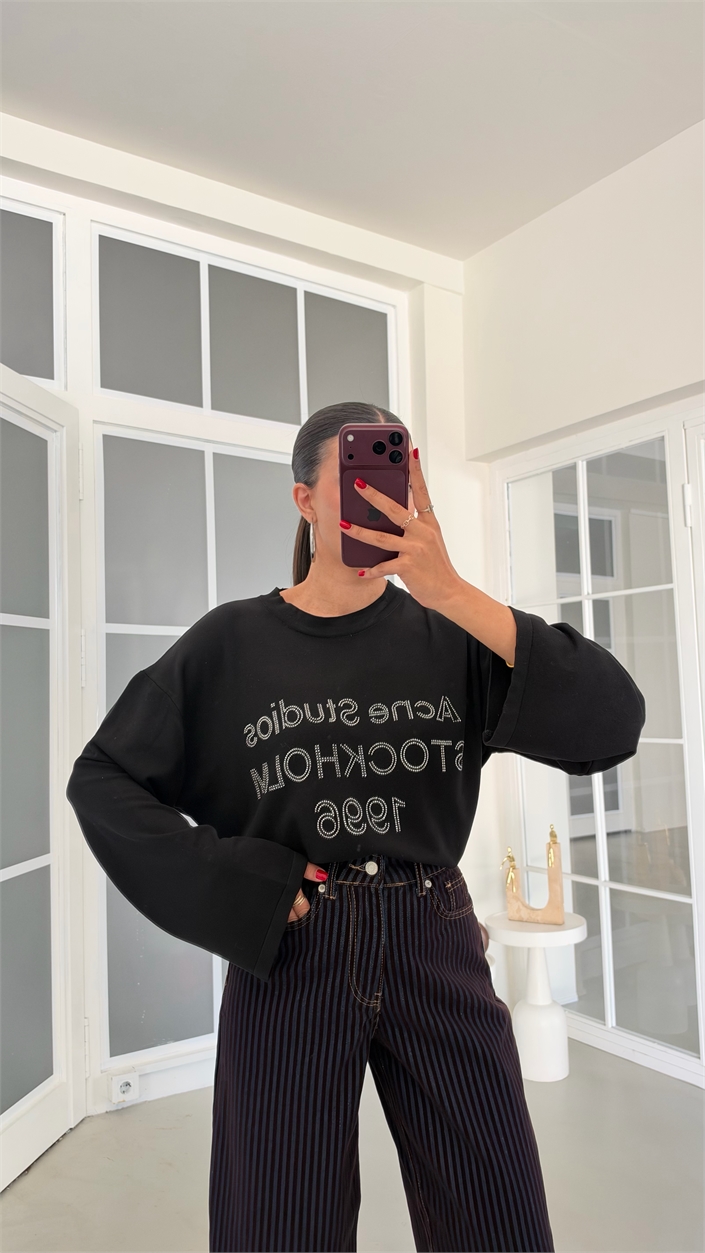 Siyah Taş Baskı Yazılı Bluz GAUS-02262