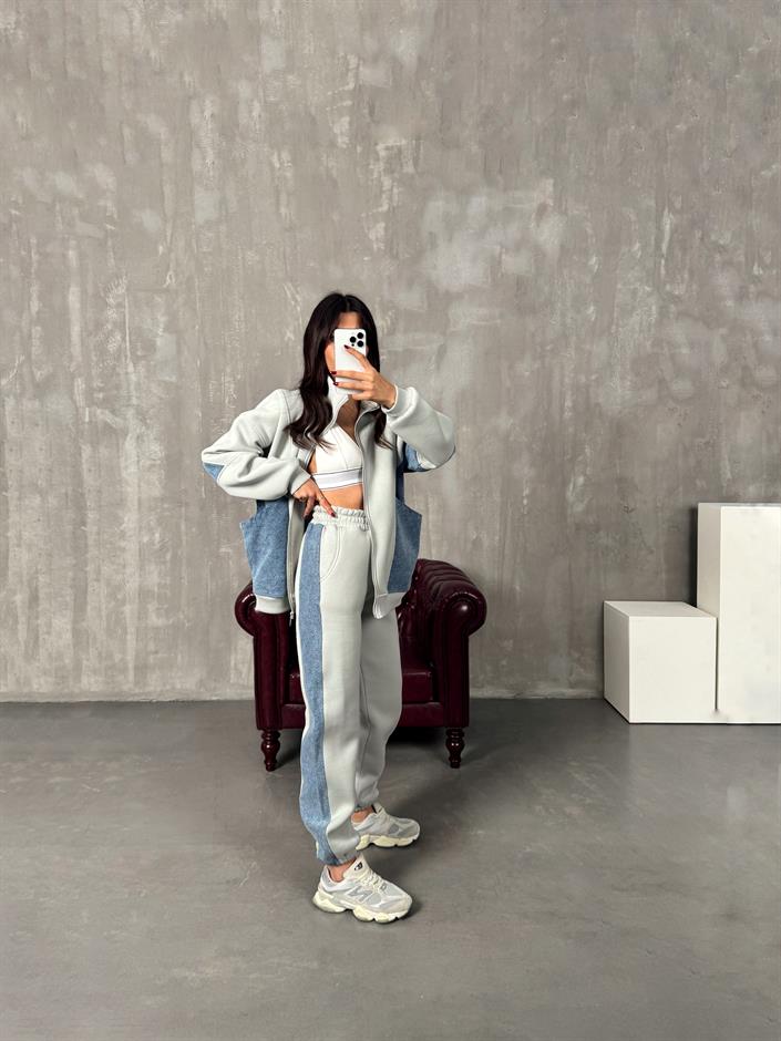 Lome Gri Denim Karışımlı Şardonlu Oversize Takım