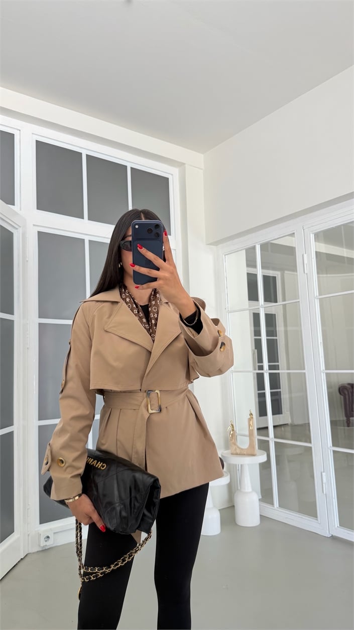 Camel Astarlı Kuşaklı Kısa Trençkot GAUS-01892