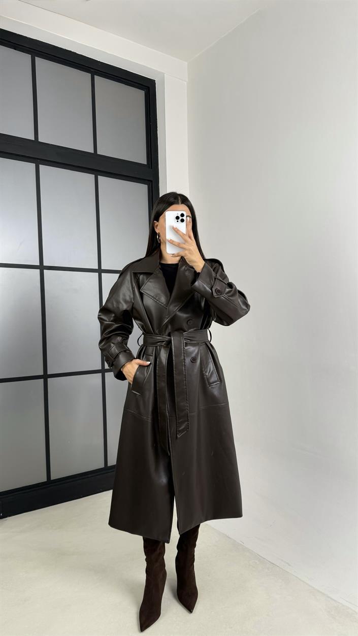 Acı Kahve Yırtmaç Detaylı Astarlı Premium Deri Trençkot GAUS-00575