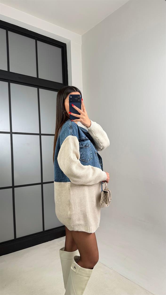 Taş Denim Detaylı Triko Hırka GAUS-01002