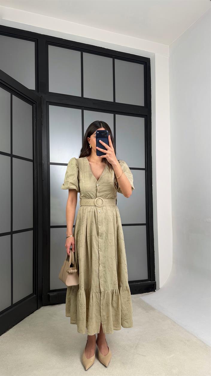 Yeşil Çiçek Nakışlı Kemerli Pinterest Elbise GAUS-01342