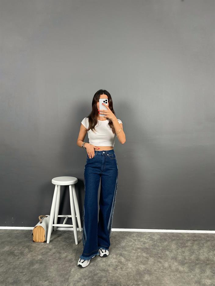 Drew Night Blue Püsküllü Denim Wide Leg Jean