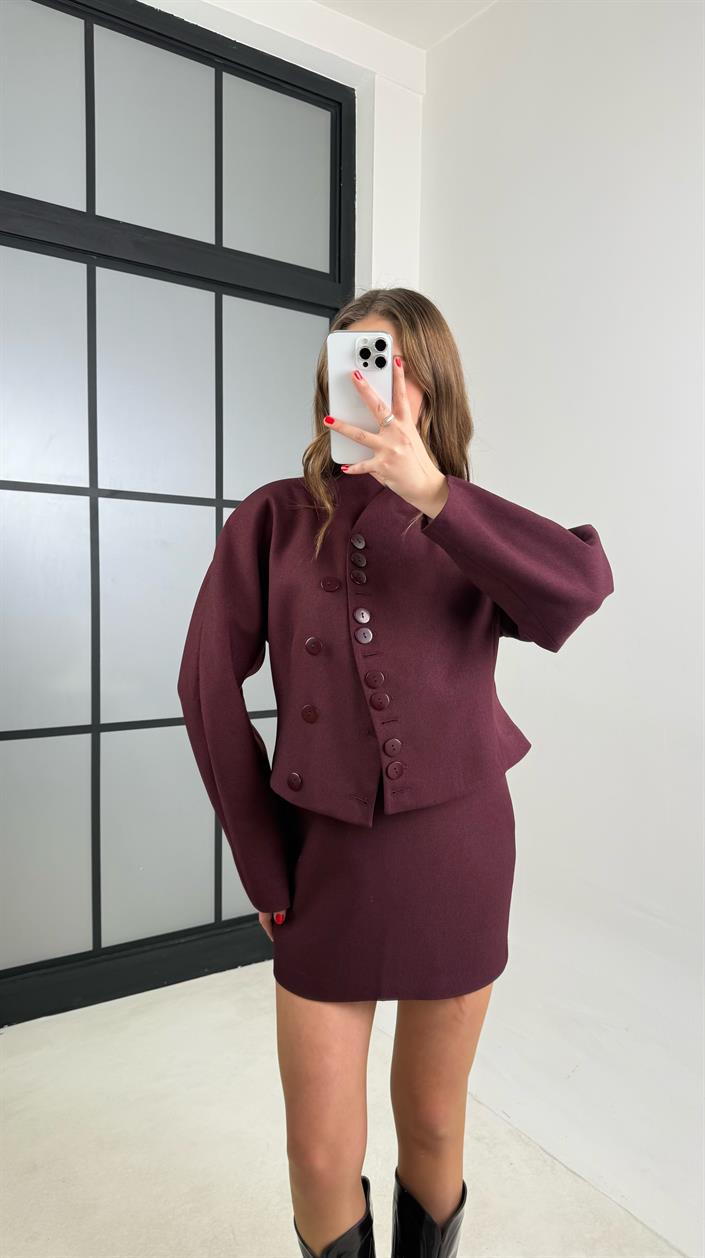 Mürdüm Düğmeli Astarlı Vatkalı Ceket Etek Premium Takım GAUS-00836