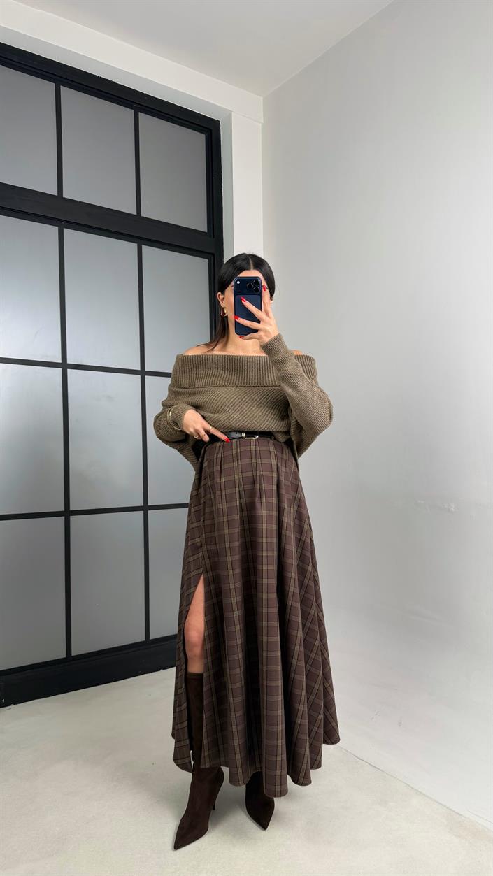 Yeşil Kahve Yırtmaçlı Kemerli Ekose Desenli Etek GAUS-01065