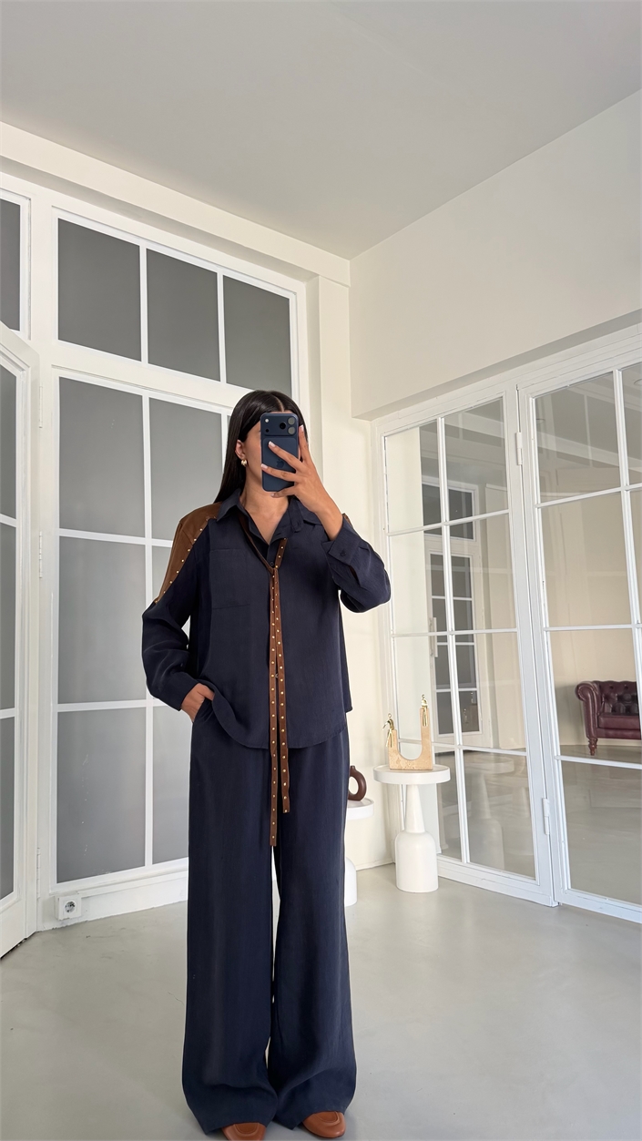 Lacivert Süet Zımba Detaylı Premium Takım GAUS-02066
