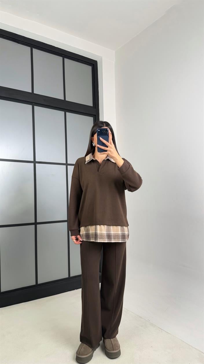 Acı Kahve Gömlek Taş Detaylı Kazak Beli Lastikli Pantolon Örme Takım GAUS-00831