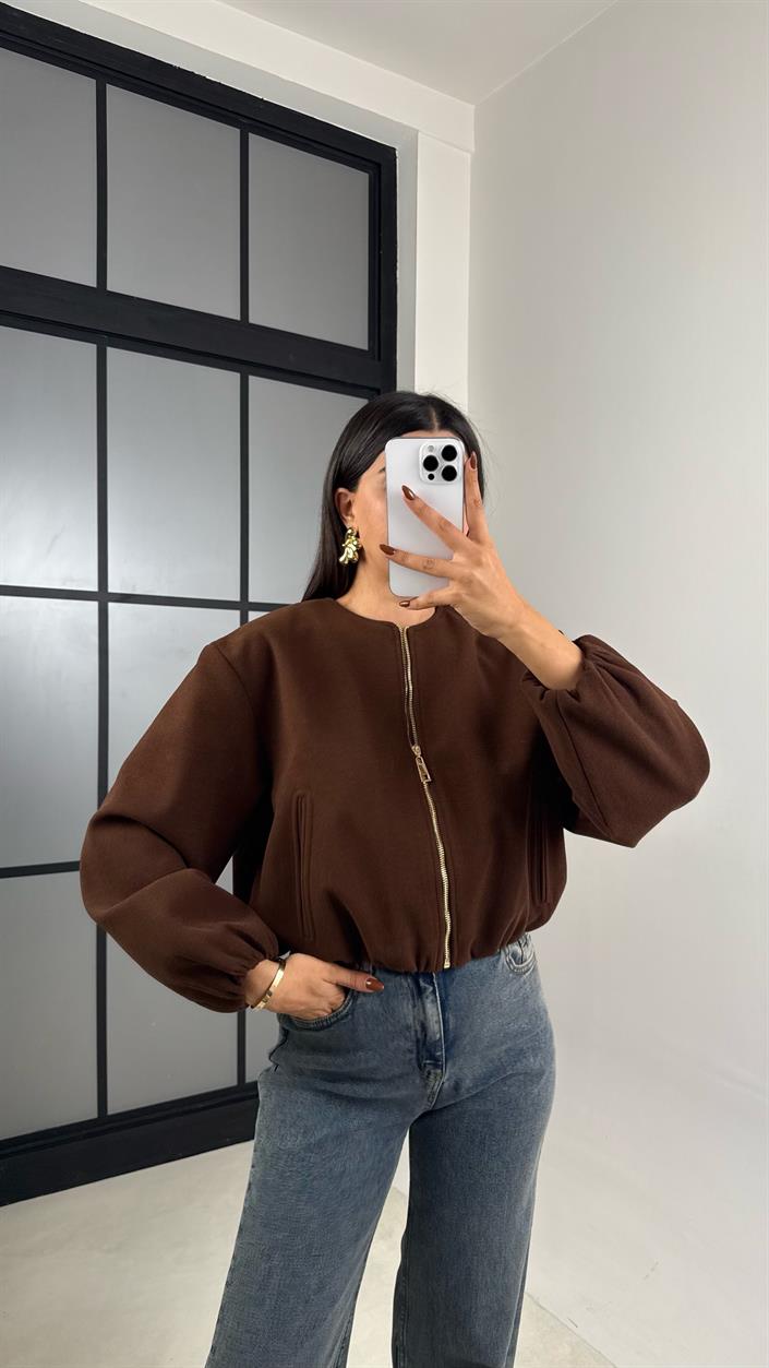 Acı Kahve Astarlı Cepli Kaşe Bomber Ceket GAUS-00191