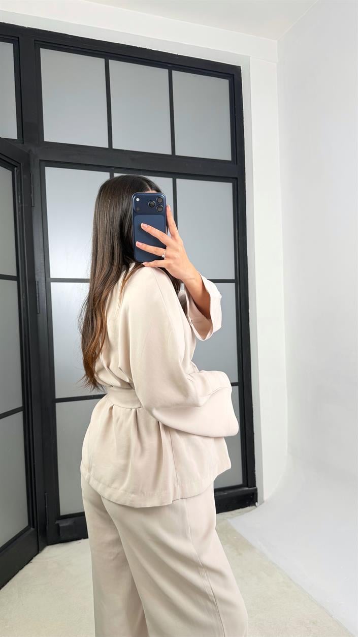 Taş Kuşaklı Ceket Beli Lastikli Pantolon Tencel Takım GAUS-01128