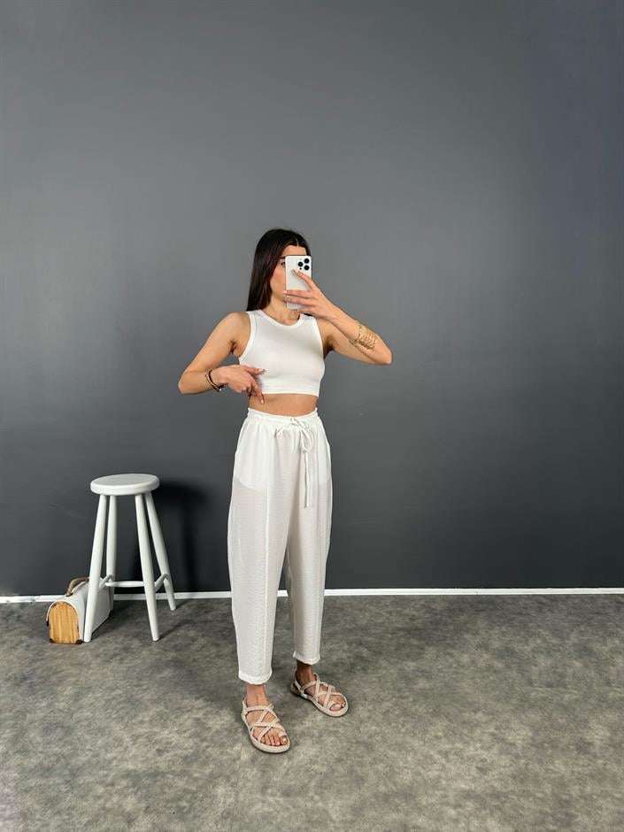 Dux Beyaz Beli Lastikli Şalvar Pantolon