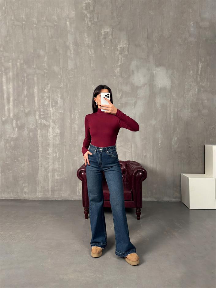 Chest Koyu Mavi Paça Detaylı Wide Leg Jean