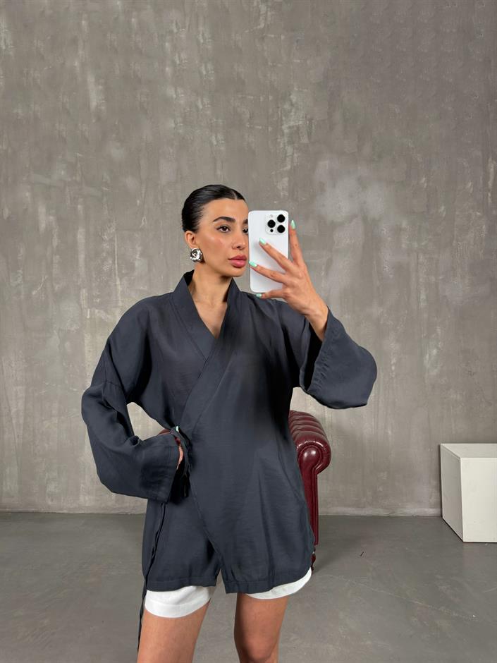 Antrasit Önden Bağlamalı Tensel Kimono Gaus00240