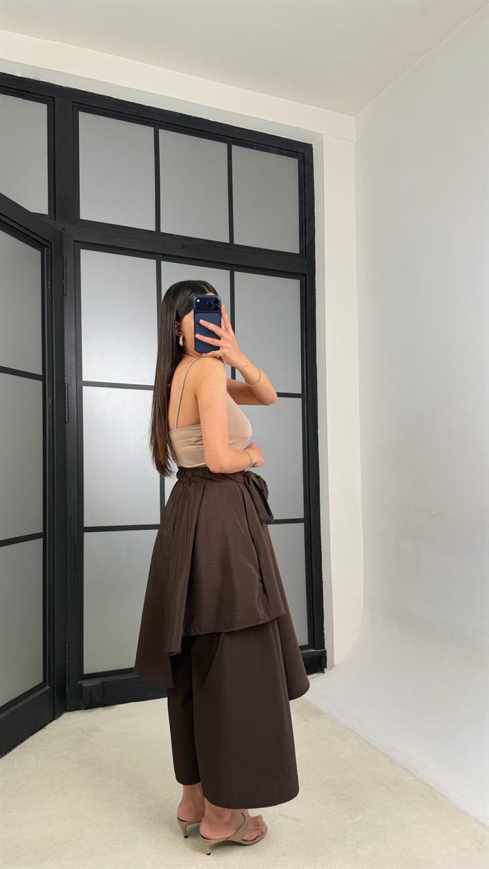 Acı Kahve İthal Tencel Kumaş Tasarım Etek Pantolon GAUS-01412
