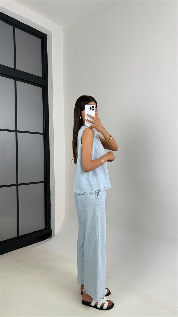 Açık Mavi Püskül Detaylı Bluz Beli Lastikli Cepli Pantolon Keten Takım Gaus00646 
