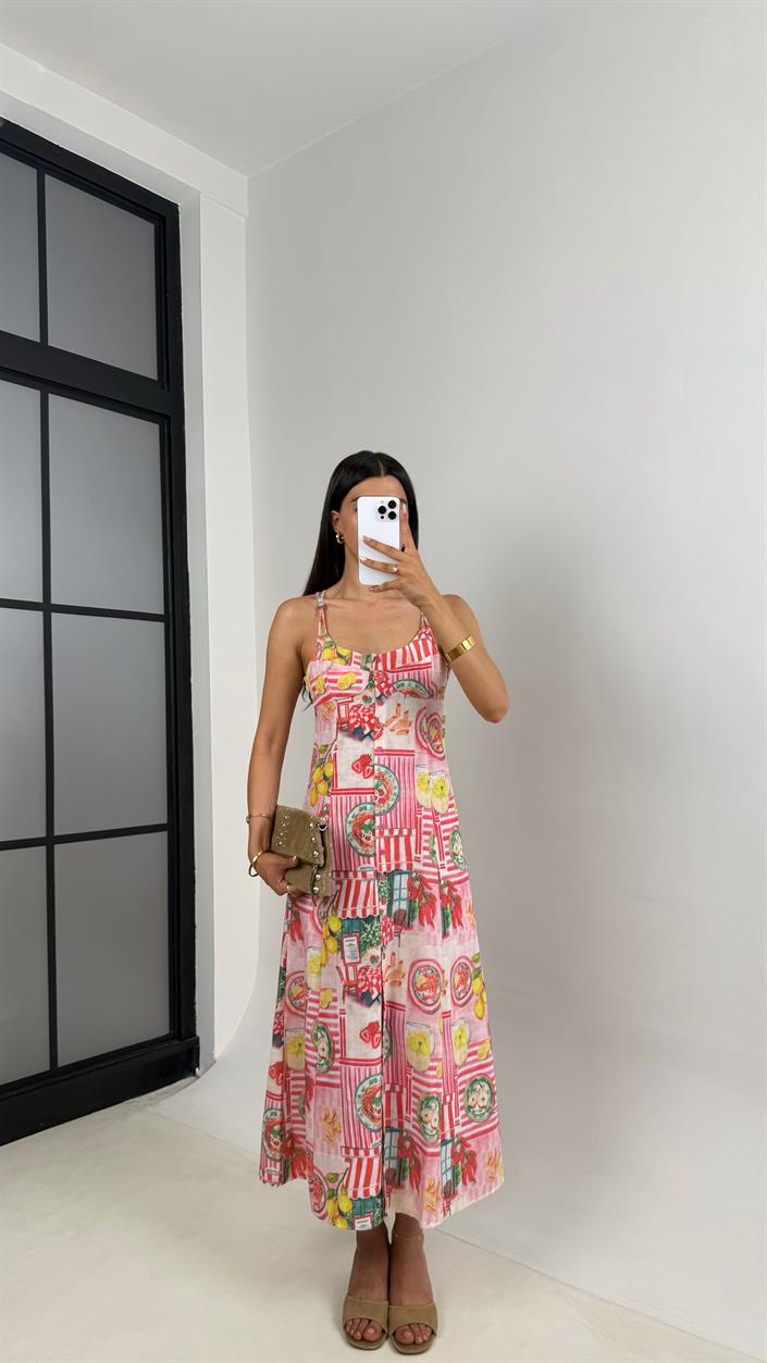 Pembe Desenli Önü Düğmeli Sırt Dekolteli Pinterest Keten Elbise Gaus00673