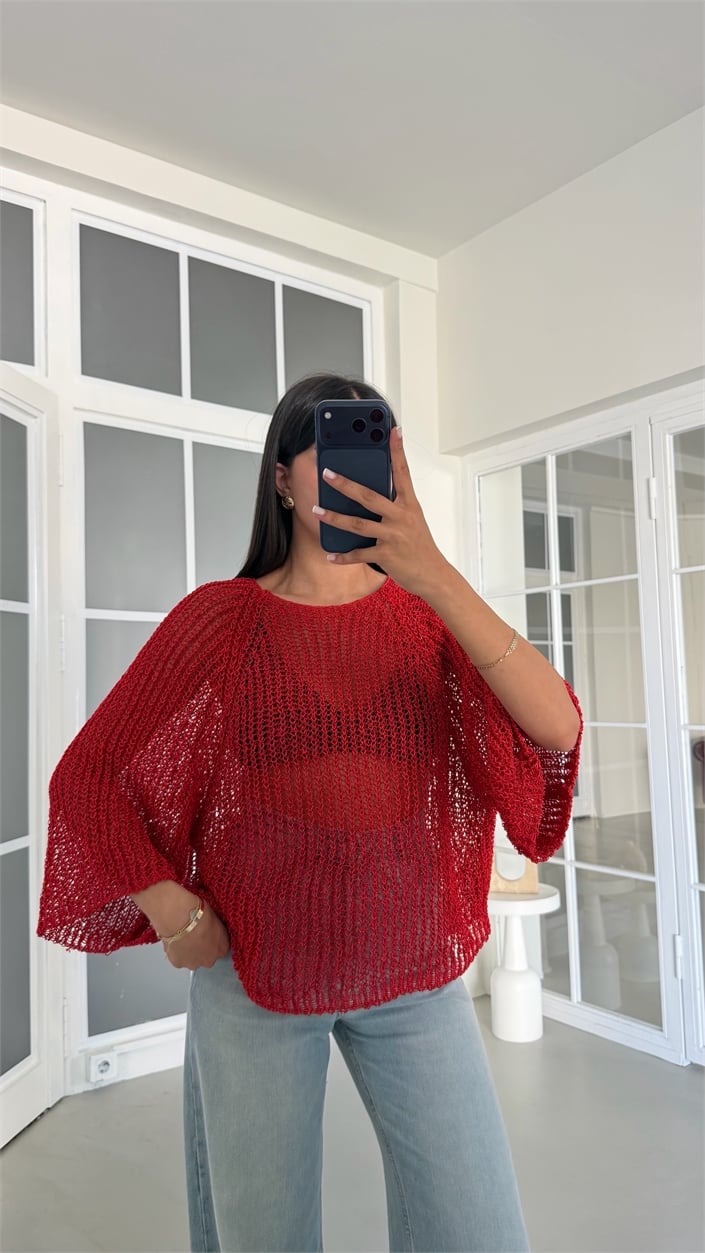 Kırmızı Ajurlu Triko Bluz GAUS-02064