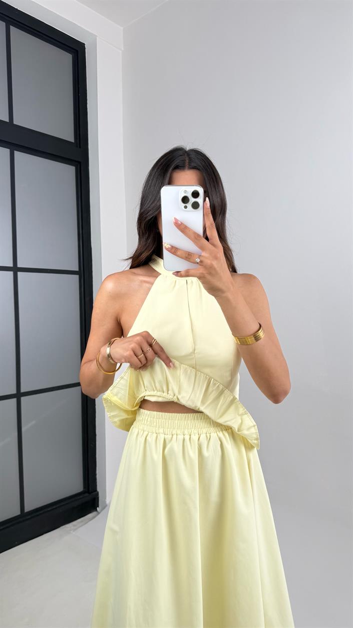 Sarı Gold Toka Detaylı Bluz Beli Lastikli Etek İkili Takım Gaus00678