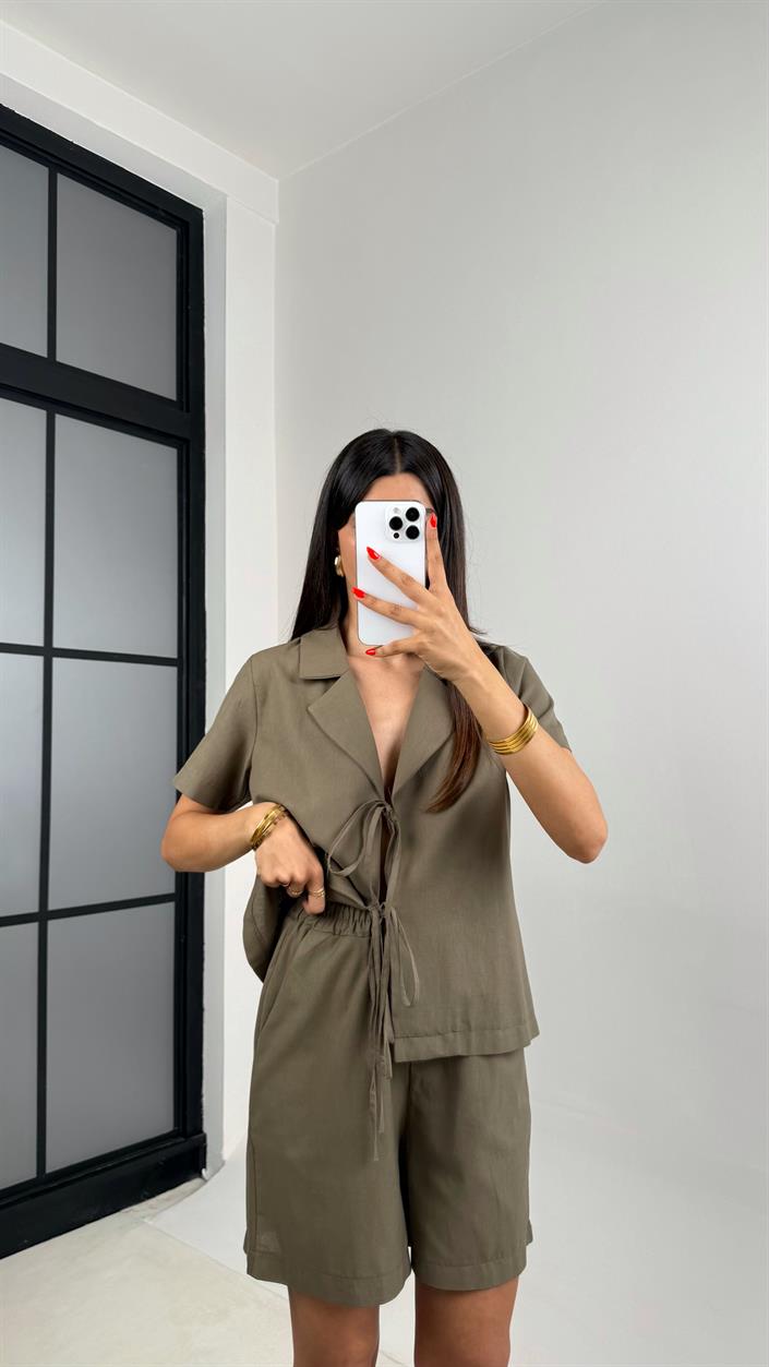 Haki Önden Bağlamalı Gömlek Beli Lastikli Şort İkili Keten Takım GAUS-0028
