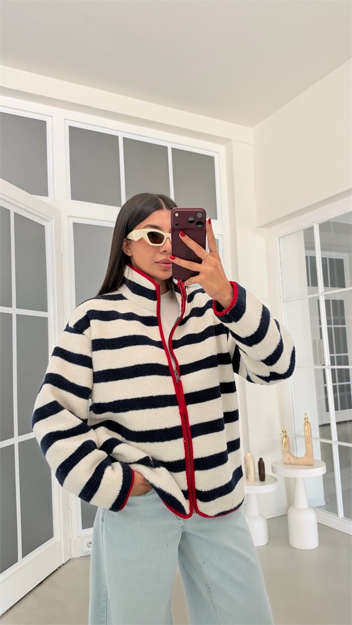 Lacivert Çizgili Kırmızı Şeritli Polar Sweatshirt GAUS-02288 GAUS-01916