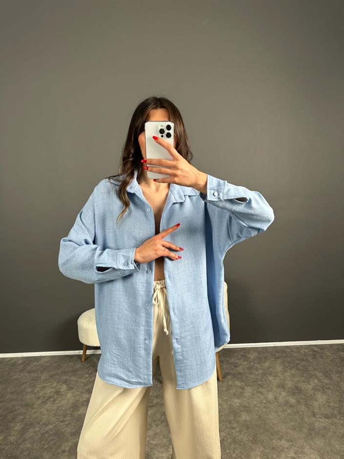 Daria Bebe Mavisi Keten Oversize Gömlek