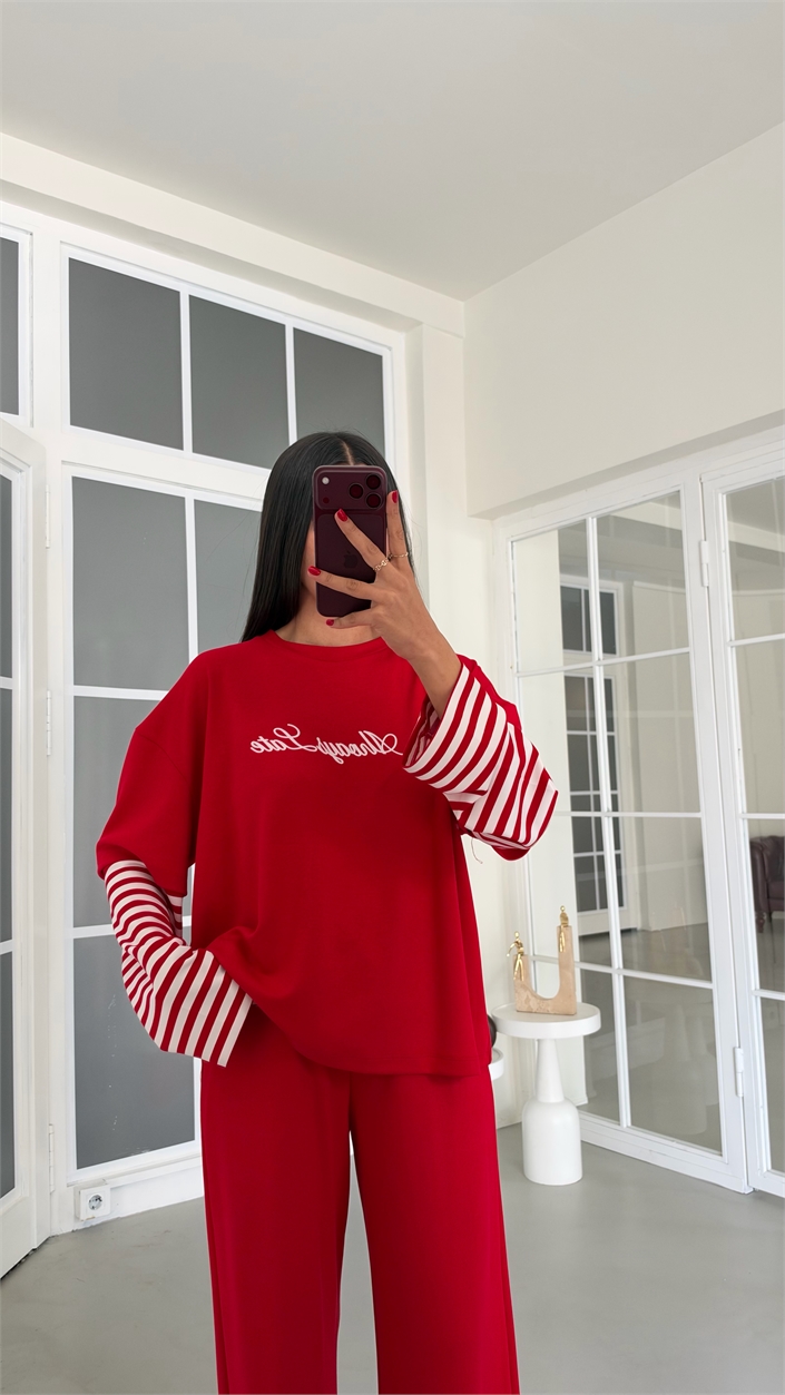 Kırmızı Kolu Şeritli Tshirt Beli Lastikli Pantolon İkili Modal Takım GAUS-02227