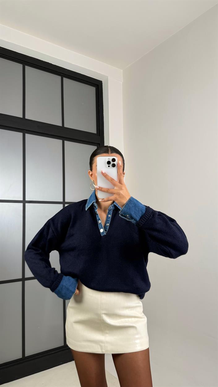 Lacivert Denim Yaka Detaylı Kazak GAUS-00507