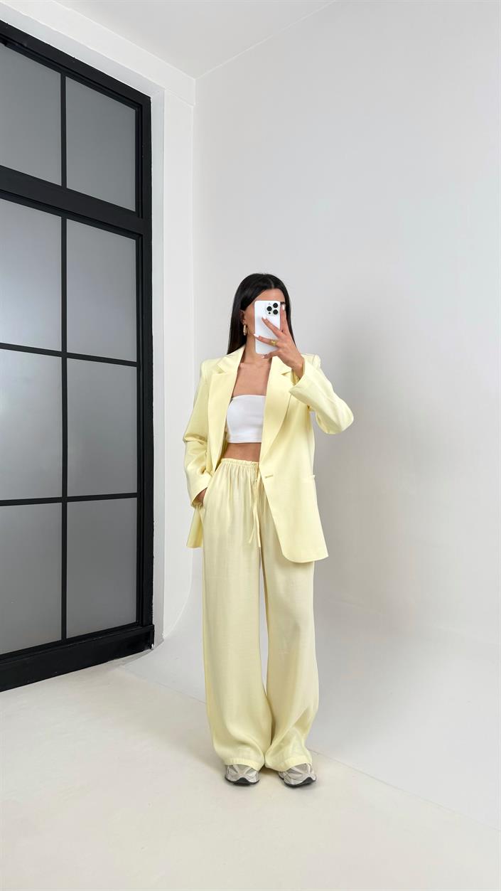 Sarı Astarlı Blazer Ceket Beli Lastikli Pantolon Tensel Takım Gaus00444