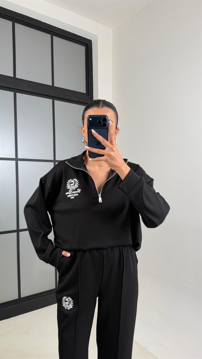 Siyah Fermuarlı Baskılı Sweatshirt Beli Lastikli Eşofman İkili Takım GAUS-00597