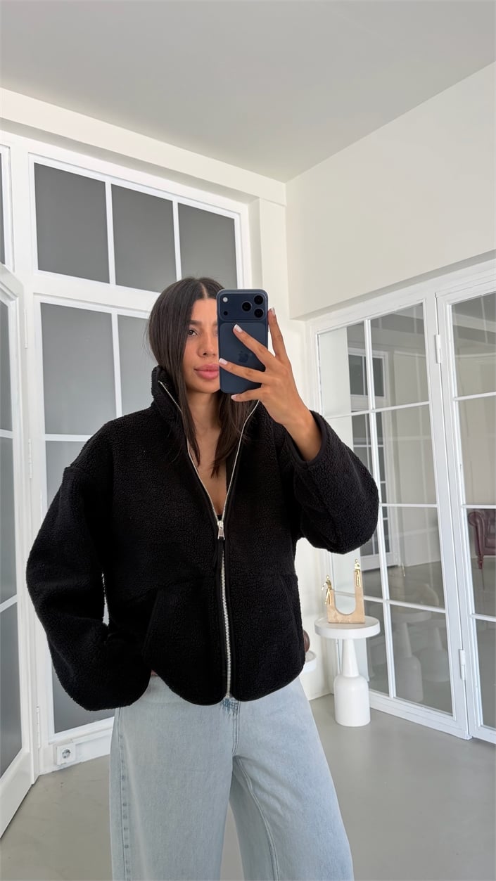 Siyah Fermuarlı Cepli Polar Sweatshirt GAUS-02031