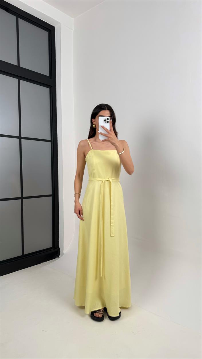 Sarı Ayarlanabilir Askılı Kuşaklı Basic Keten Elbise Gaus00387