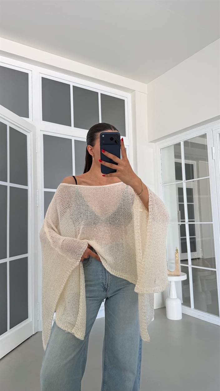 Krem Asimetrik Sim Detaylı Triko Panço GAUS-01836