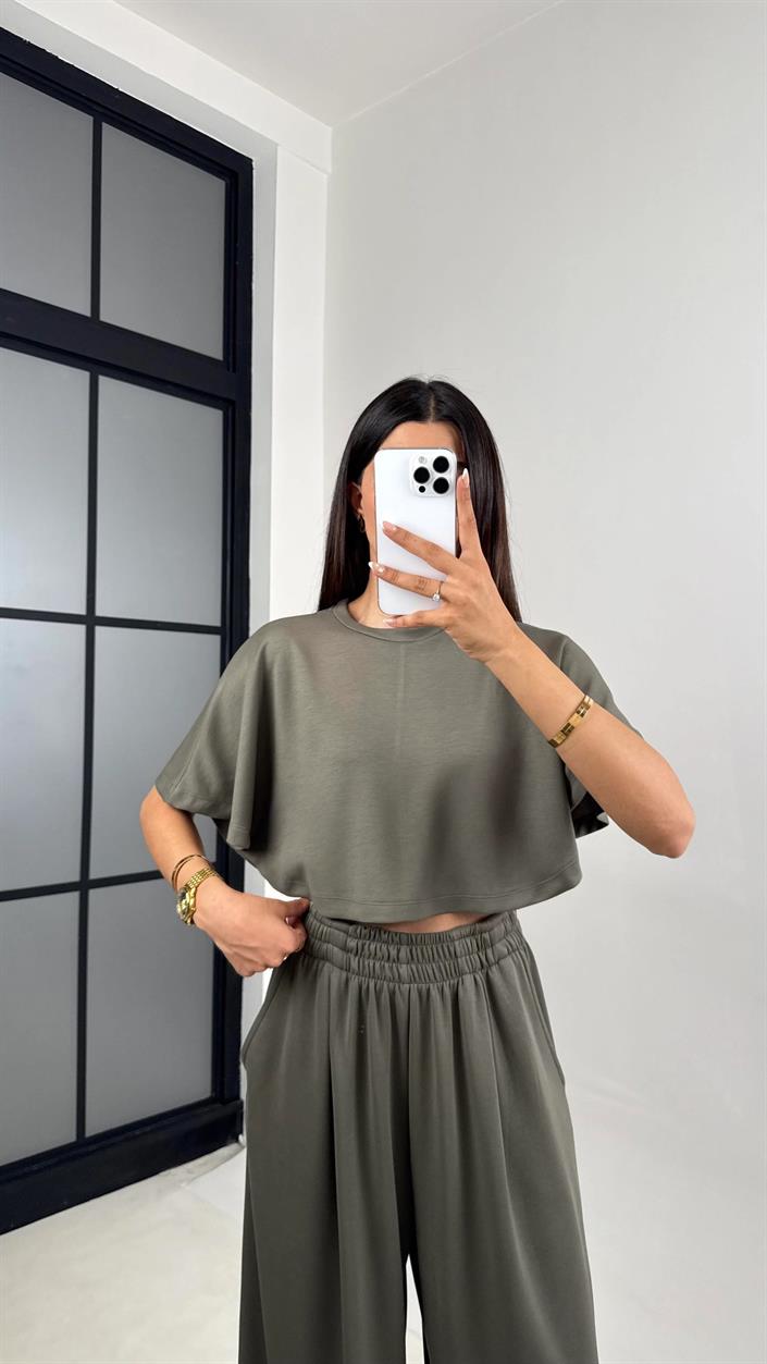 Haki Crop Beli Lastikli Palazzo Eşofman İkili Modal Kumaş Takım GAUS-01219