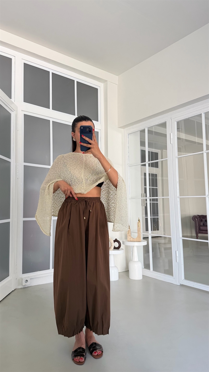 Kahve Beli Lastikli Cepli Poplin Kumaş Pantolon GAUS-01846