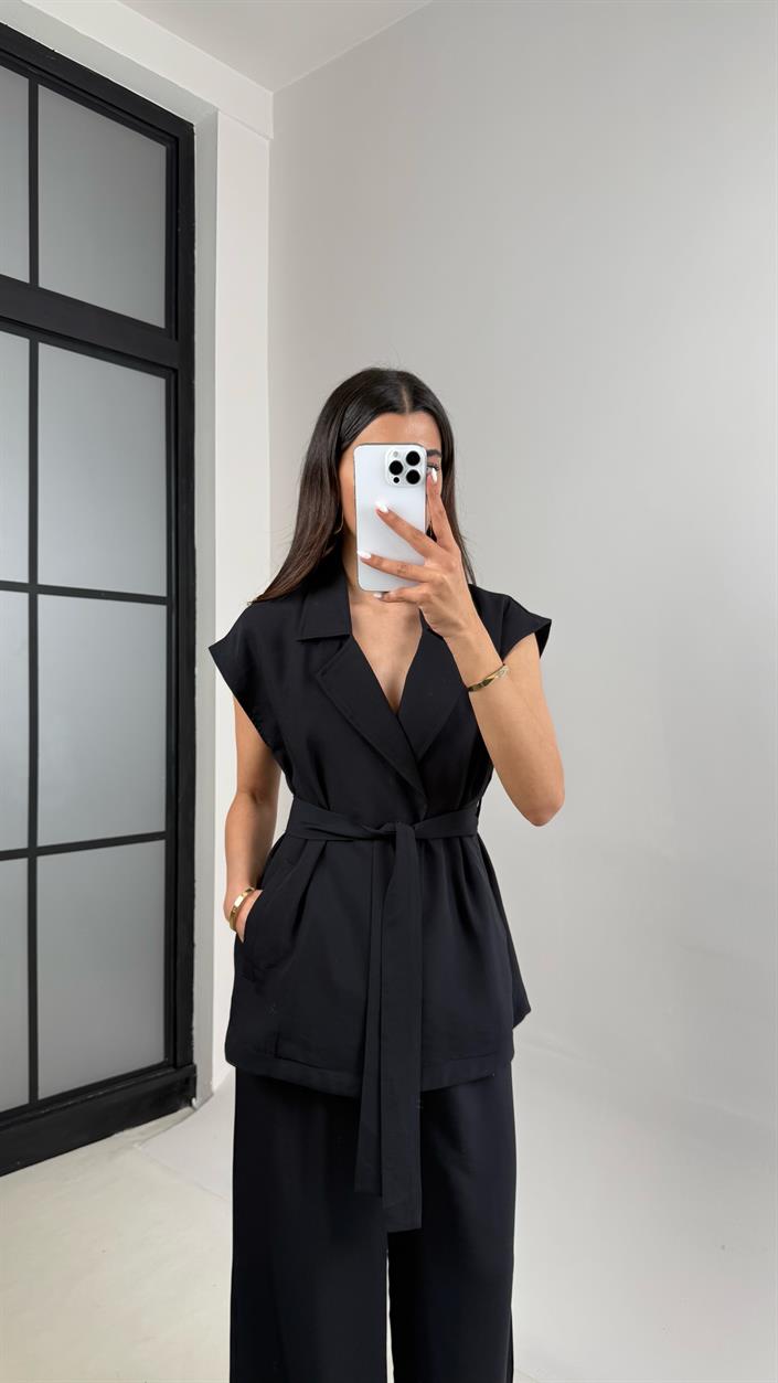 Siyah Cepli Kuşaklı Yelek Beli Lastikli Pantolon Tencel Takım Gaus00433