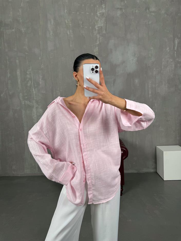 Pembe Keten Karışımlı Kareli Gömlek Gaus00025