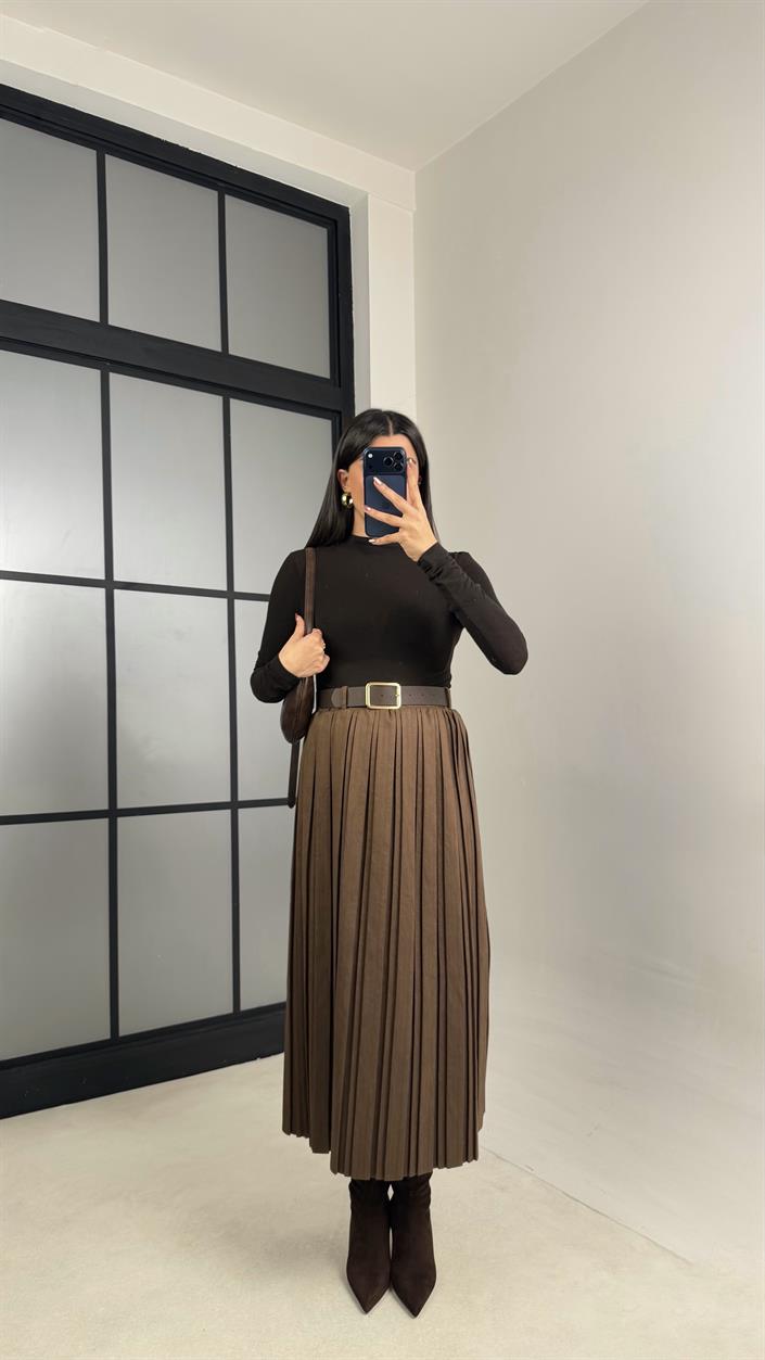 Kahve Astarlı Kemerli Süet Etek GAUS-01080