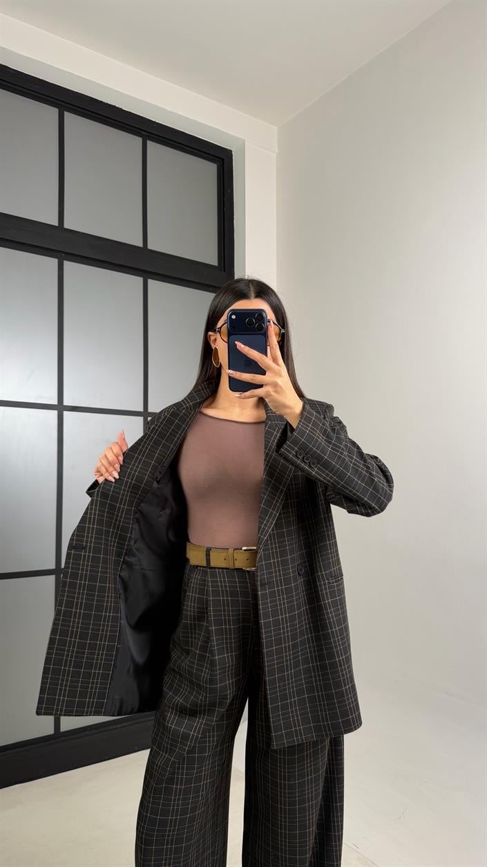 Füme Vatkalı Astarlı Kuşaklı Premium Desenli Ceket GAUS-00910