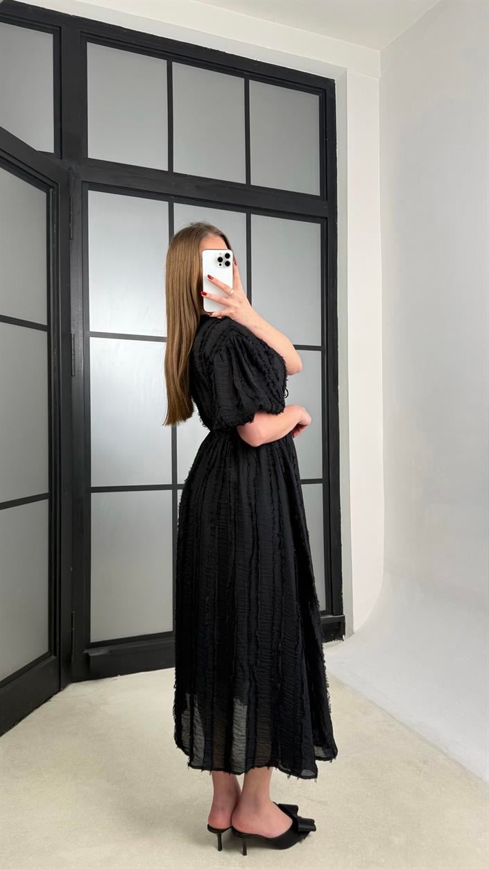 Siyah Püsküllü V Yaka Balon Kol Elbise GAUS-01232