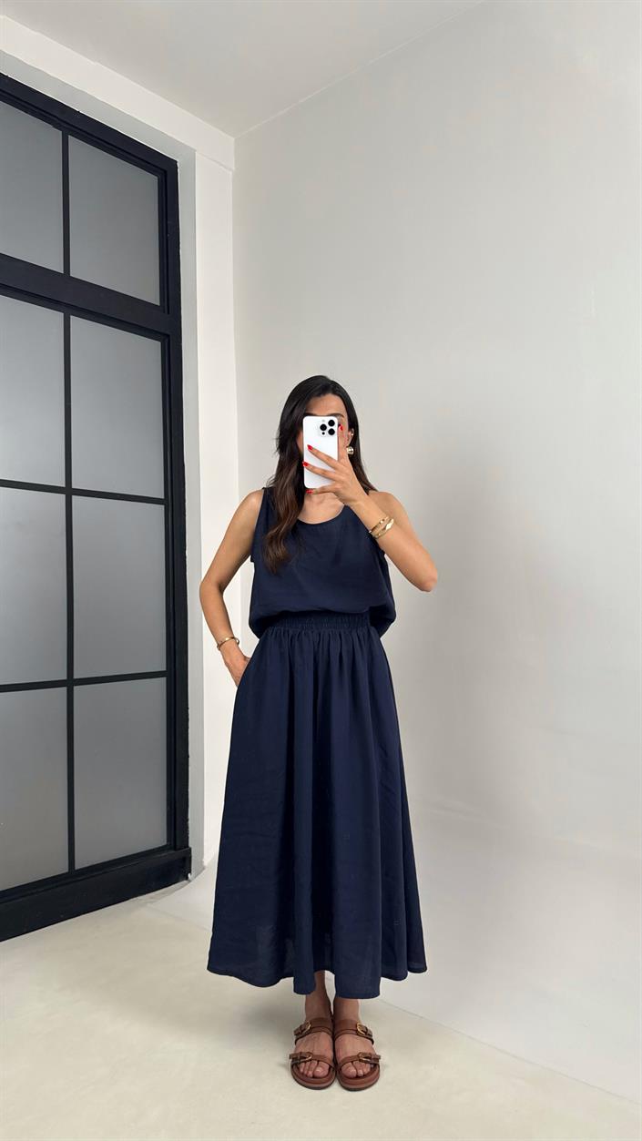 Lacivert Bluz Beli Lastikli Etek İkili Kırışık Tencel Takım Gaus00522