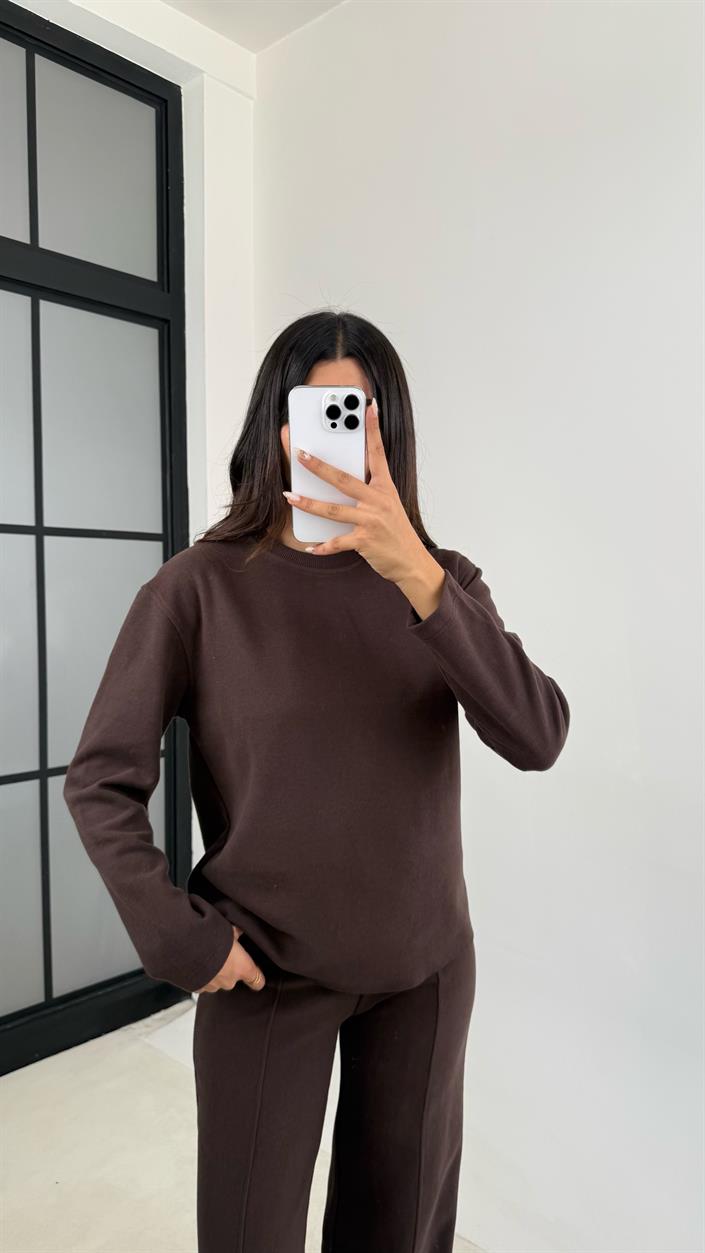 Acı Kahve Bisiklet Yaka Üst Beli Lastikli Pantolon Basic Yumuşak Triko Takım GAUS-00109