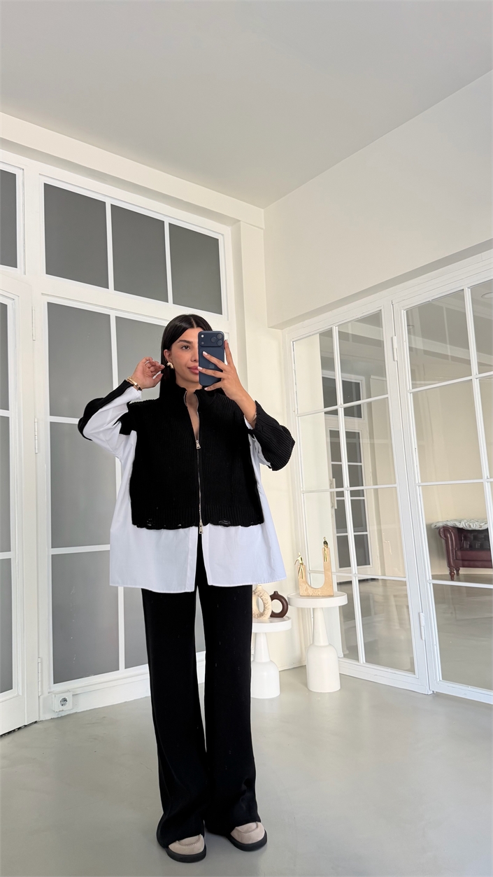 Siyah Gömlek Detaylı Örme Hırka Beli Lastikli Cepli Pantolon İkili Triko Takım GAUS-02132