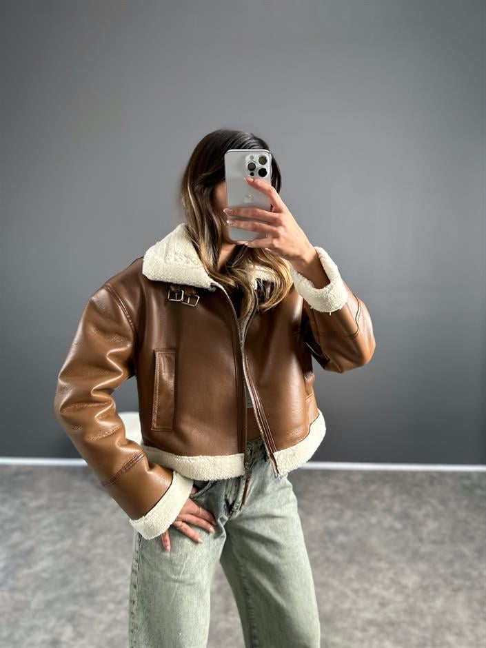 Jaden Kahve Deri Kürklü Biker Mont