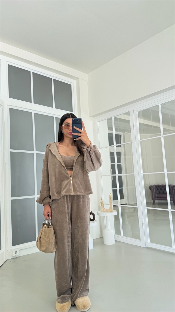 Vizon Kapüşonlu Hırka Crop Beli Lastikli Pantolon 3lü Kadife Takım GAUS-02033
